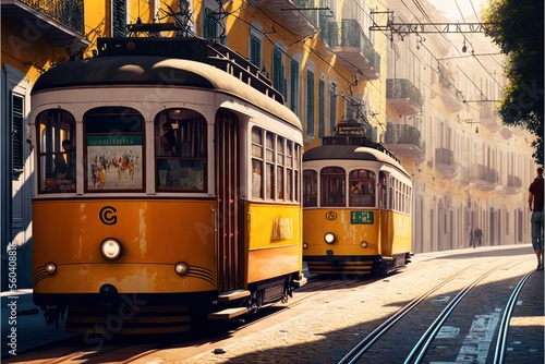 Tradycyjni żółci tramwaje na ulicie w Lisbon, Portugalia