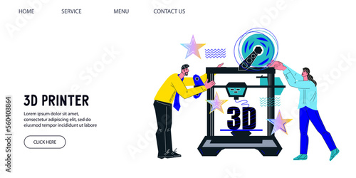 3D printing service website banner with engineer printing a three-dimensional object using 3d printer, flat vector illustration.