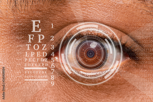 laser and glaucoma eye surgery concept, close up of eye with reticle  or target overlay; also useful for conveying lasik procedures photo