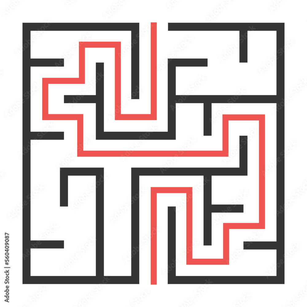Abstract maze. Find right way. Isolated simple square maze black line on white background. Vector illustration.