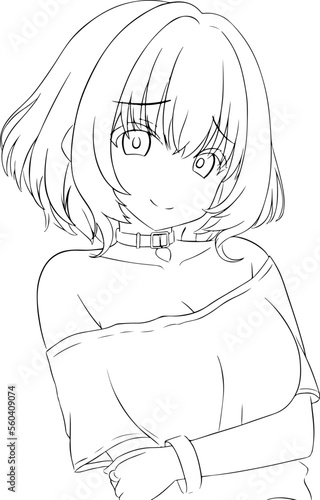 anime girl drawing sketch of beautiful short hair cartoon girl sexy Japanese anime girl  lineart drawing