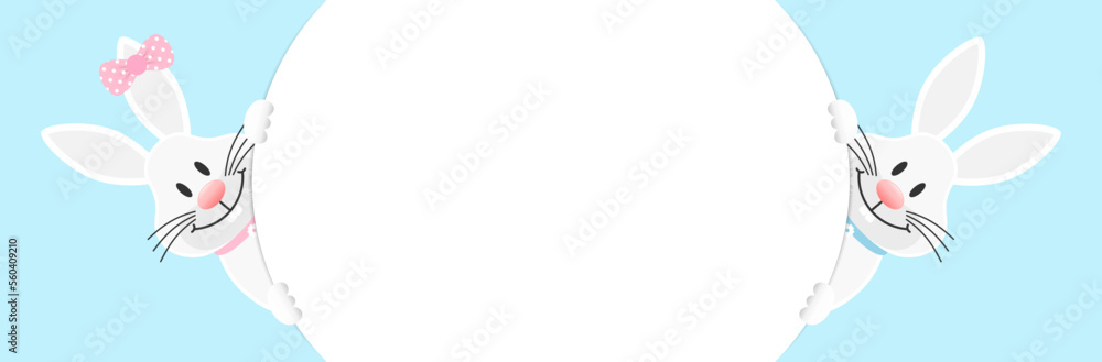 Fototapeta premium 2 Weiße Osterhasen Mädchen & Junge Runde Banner Außen Himmel
