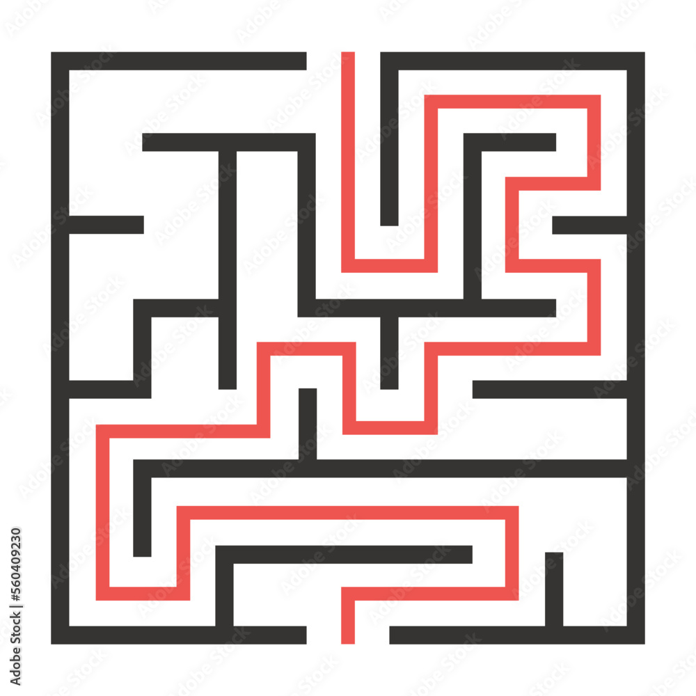 Abstract maze. Find right way. Isolated simple square maze black line on white background. Vector illustration. Abstract maze. Find right way. Isolated simple square maze black line on white background. Vector illustration.