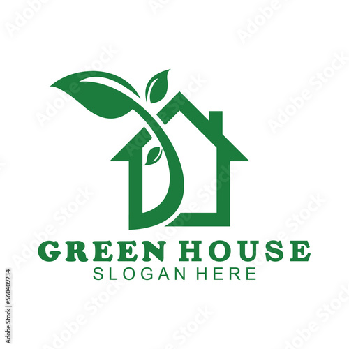 Green House Logo Template Nature building logo design with flat and green color style