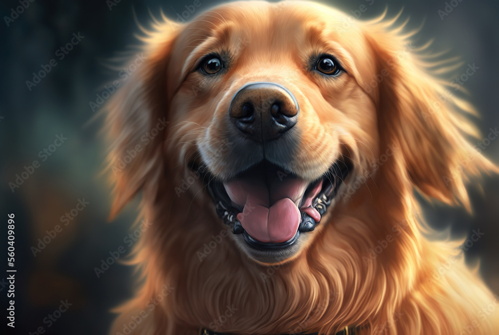 Golden retriever dog having a big smile, AI Generate