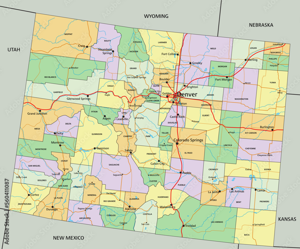 Colorado - Highly detailed editable political map with labeling. Stock ...