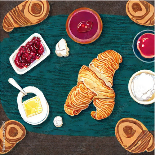 Französischer Frühstück mit Croissants, Butter und Marmelade