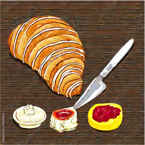 Französischer Frühstück mit Croissants, Butter und Marmelade