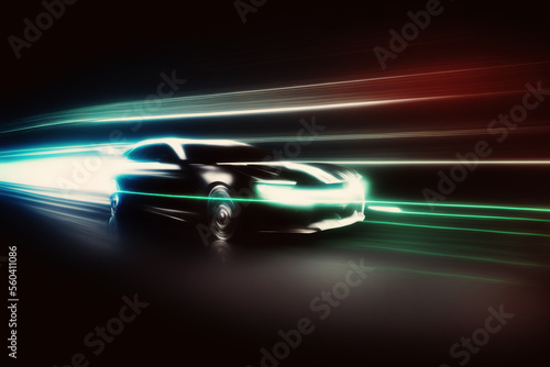 Futuristic clean energy car driving fast with colorful light trails  , Generative AI illustration © IBEX.Media