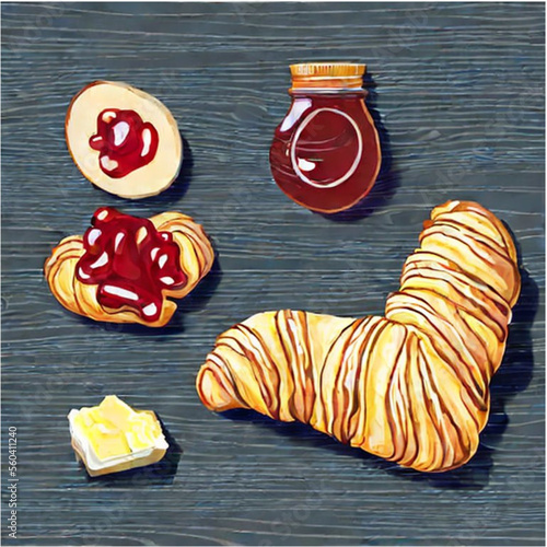 Französischer Frühstück mit Croissants, Butter und Marmelade