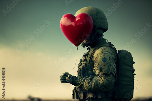Tablou canvas Make love not war concept eith soldier holding a heart shaped ballon , Generativ