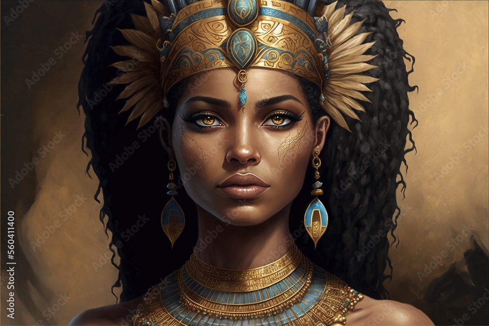 Portrait of an ancient Egyptian goddess. Beautiful young girl with the style of ancient Egypt. AI - obrazy, fototapety, plakaty 