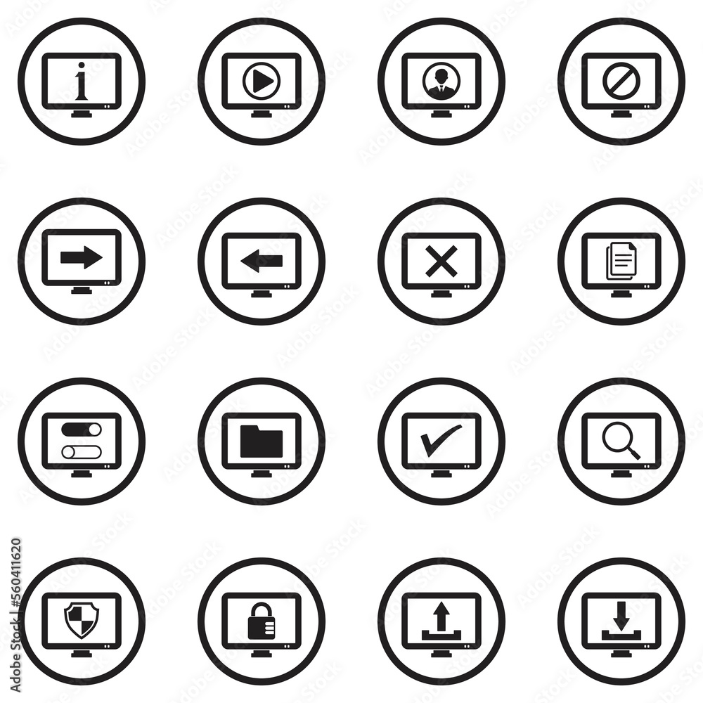 Screen Icons. Black Flat Design In Circle. Vector Illustration. Screen Icons. Black Flat Design In Circle. Vector Illustration.