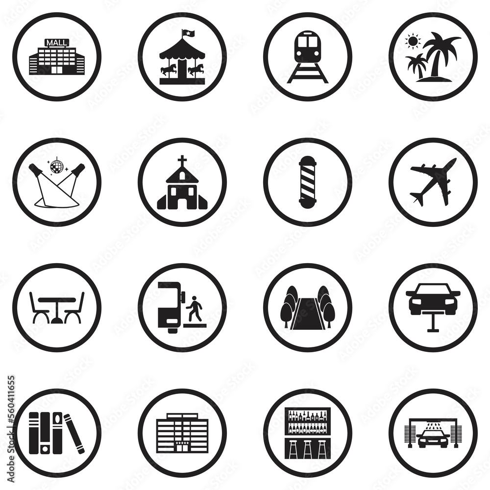 Places Icons. Black Flat Design In Circle. Vector Illustration. Places Icons. Black Flat Design In Circle. Vector Illustration.