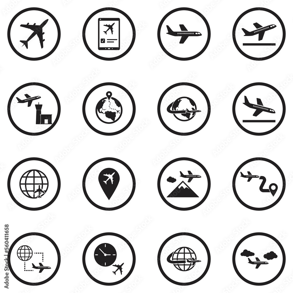 Plane Icons. Black Flat Design In Circle. Vector Illustration. Plane Icons. Black Flat Design In Circle. Vector Illustration.