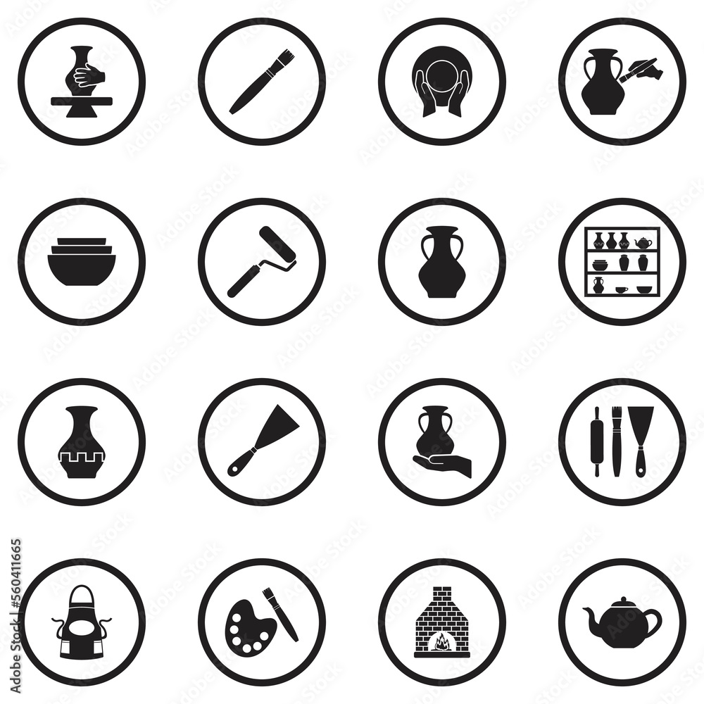 Pottery Icons. Black Flat Design In Circle. Vector Illustration.