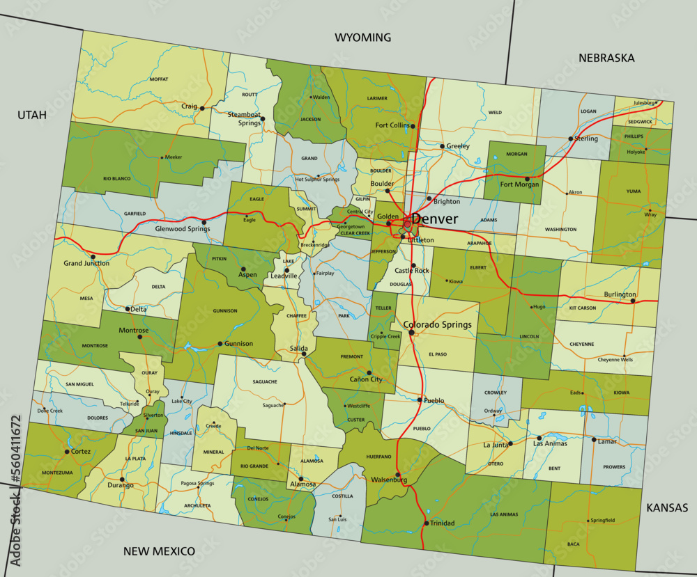 Highly detailed editable political map with separated layers. Colorado ...