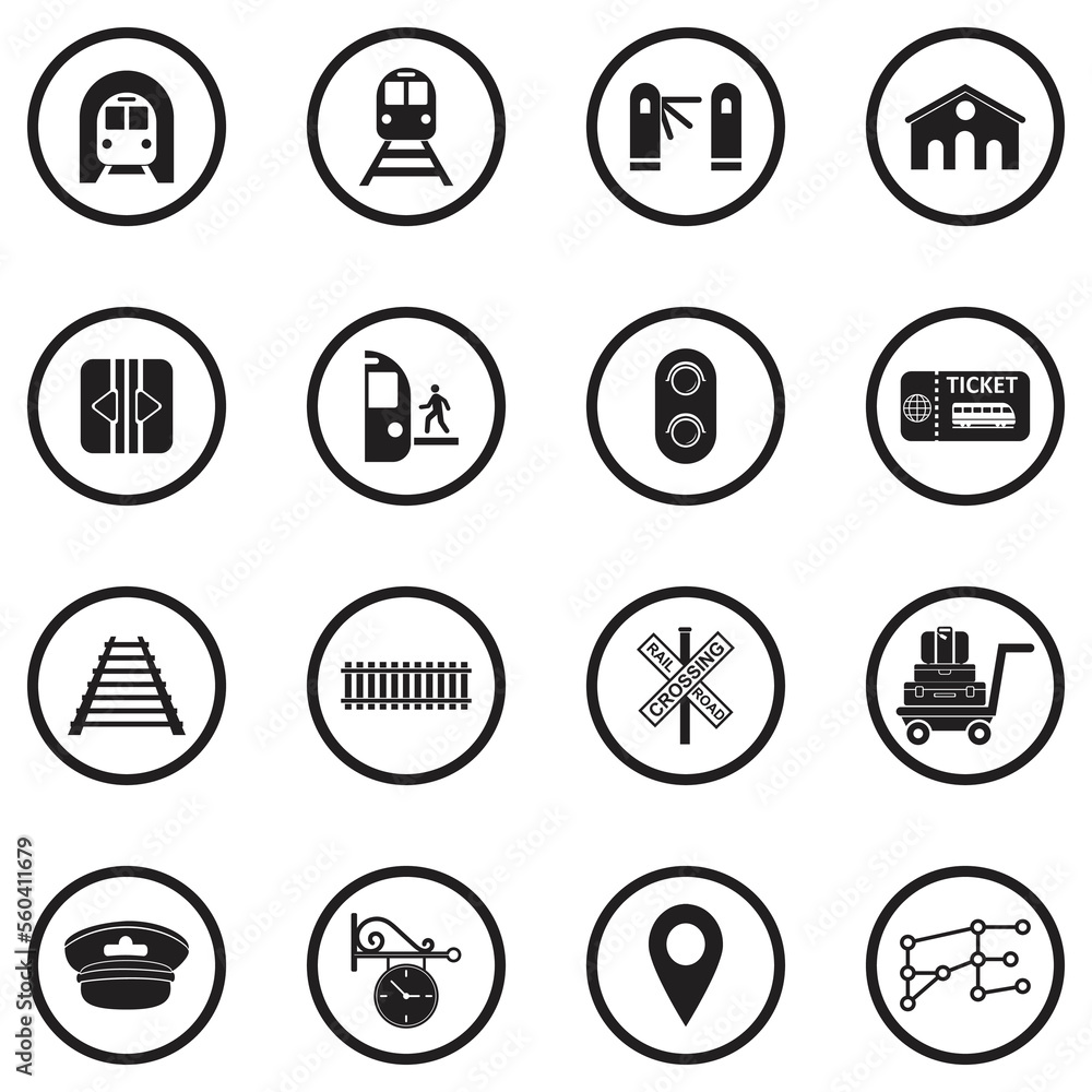 Railway Icons. Black Flat Design In Circle. Vector Illustration. Railway Icons. Black Flat Design In Circle. Vector Illustration.