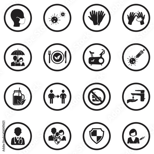 Self Protection Icons. Black Flat Design In Circle. Vector Illustration.