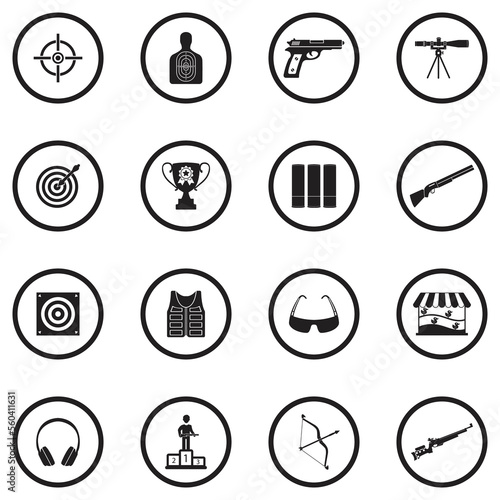 Shooting Icons. Black Flat Design In Circle. Vector Illustration.
