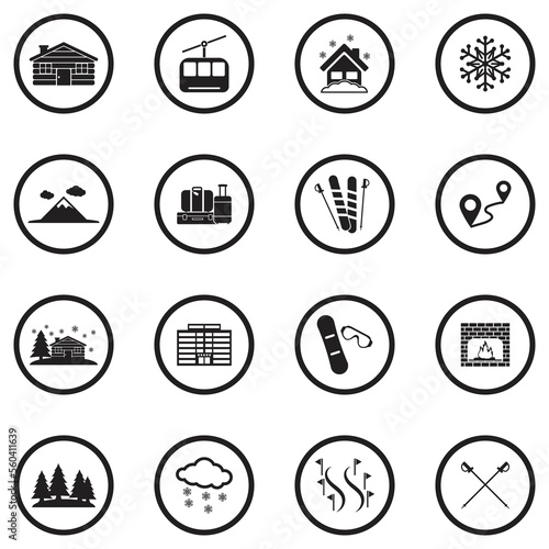 Ski Resort Icons. Black Flat Design In Circle. Vector Illustration.