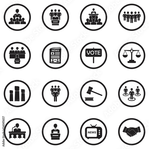 Politician Icons. Black Flat Design In Circle. Vector Illustration.