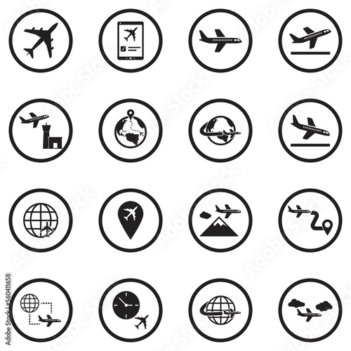 Plane Icons. Black Flat Design In Circle. Vector Illustration.