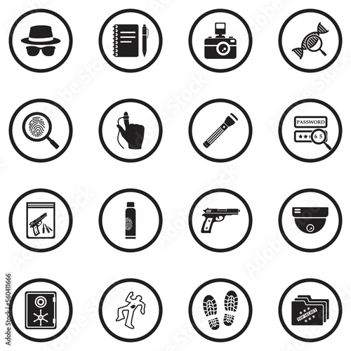 Private Detective Icons. Black Flat Design In Circle. Vector Illustration.