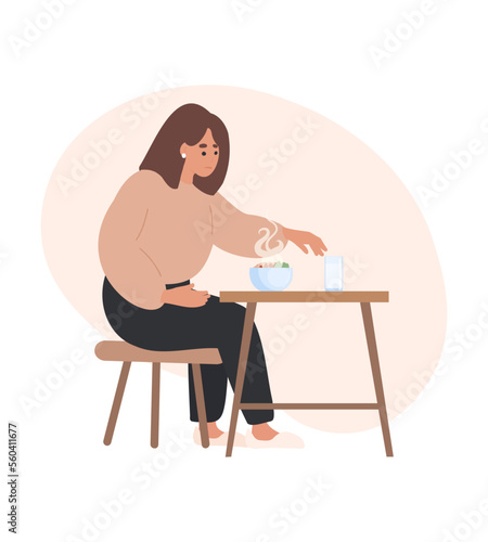 Sad woman refusing to eat. Anorexia, bulimia eating disorder. Diet risk. Cartoon flat Vector illustration. Girl with no appetite for food, woman not hungry photo