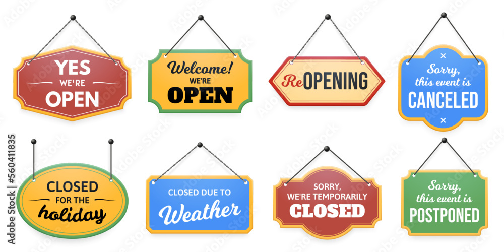 Vecteur Stock Hanging door sign. Sorry event is canceled or