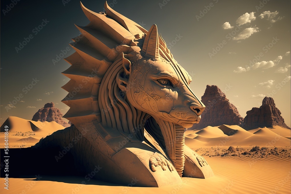 Ancient Egyptian statue in the desert. Ancient pharaohs and warriors in the sands. Desert