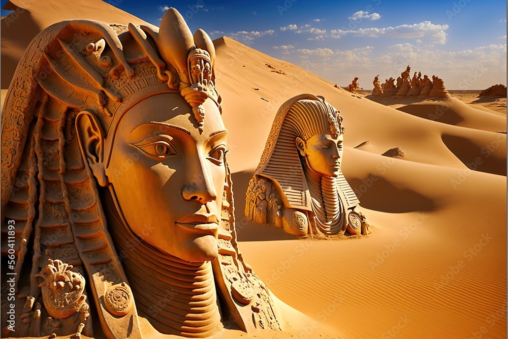 Ancient Egyptian statue in the desert. Ancient pharaohs and warriors in the sands. Desert