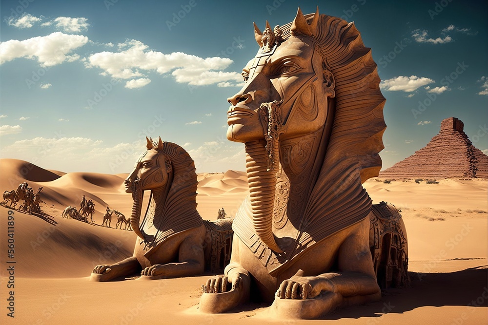 Ancient Egyptian statue in the desert. Ancient pharaohs and warriors in the sands. Desert