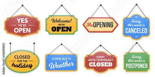 Hanging door sign. Sorry, event is canceled or postponed label, closed for holiday or temporarily, welcome were open and closed due to weather vector set