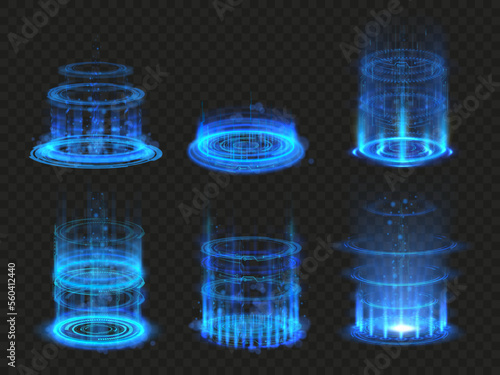 Futuristic teleport podium. Digital fantastic sci-fi portal, hologram beam stage and magic hi-tech vertical teleportation vector set
