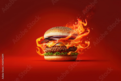 Close-up burger with fire flames on red background. Generative AI