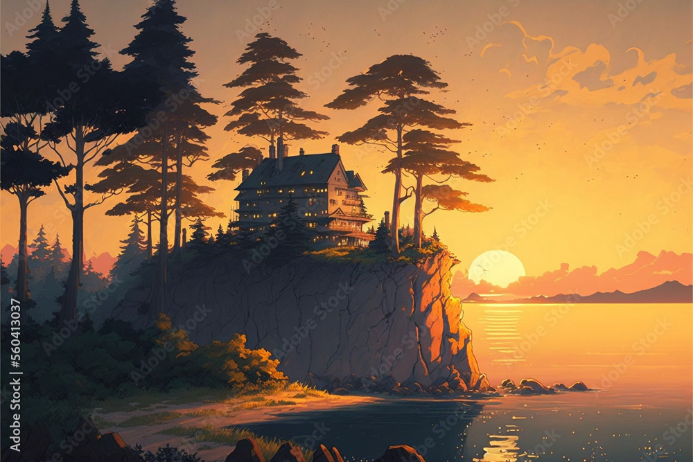 Big house near the lake. Beautiful sunset. Superb anime-styled and DnD environment