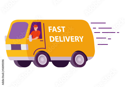 Shipping fast delivery truck.Delivery truck with man.Delivery courier man.The postman is driving a van.Isolated on white background.Flat vector.