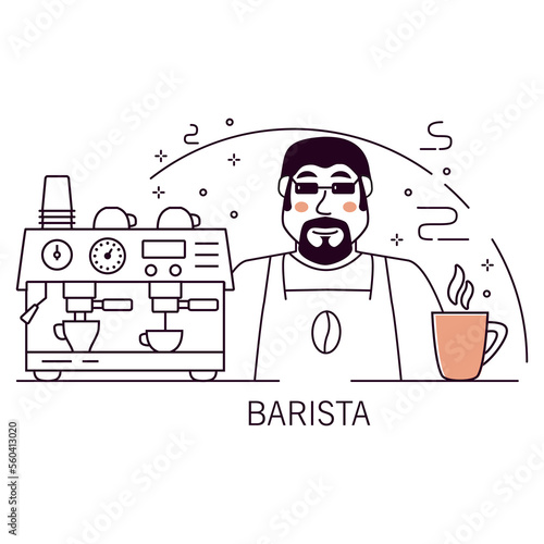 Working as barista in cafeteria.Man making coffee.Cafe counter.Doodle sketch style.Coffee machine appliance.Coffee break concept. Outline vector illustration.