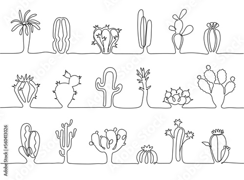 One continuous line cactus stripes. Hand drawn botanical plants, different types of mexican desert cactus vector illustration set