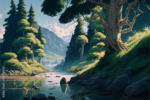 Calm stream in the valley. Superb anime-styled and DnD environment photo