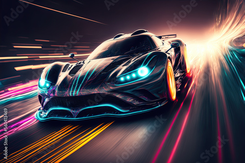futuristic car at high speed at night with motion blur. generative ai