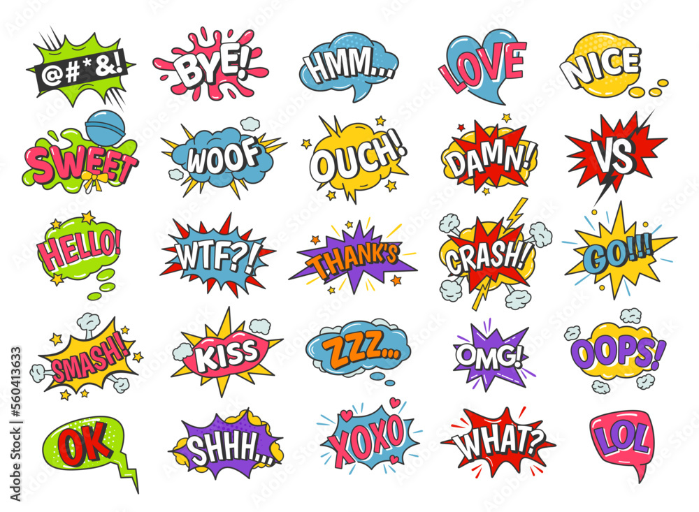 Cartoon speech bubbles. Comic book funny sound effects, xoxo kiss, sweet  and smash. Omg, lol and love text balloon vector set Stock Vector | Adobe  Stock