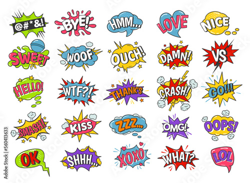 Cartoon speech bubbles. Comic book funny sound effects, xoxo kiss, sweet and smash. Omg, lol and love text balloon vector set