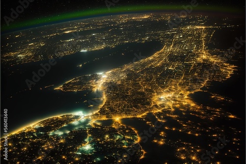 Night illumination of the city, view of the city from space. A snapshot of the earth from space. AI