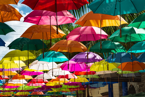 Colorful umbrellas spanning street at Caudan Waterfront shopping center  Port Louis  Mauritius