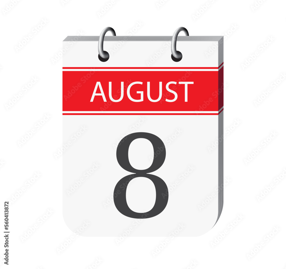 8 august calendar page vector. 3d one day calendar date appointment, deadline, event reminder illustration. Abstract three dimensional daily date appointment, agenda, event calendar.
8 august calendar page vector. 3d one day calendar date appointment, deadline, event reminder illustration. Abstract three dimensional daily date appointment, agenda, event calendar.