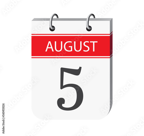 5 august calendar page vector. 3d one day calendar date appointment, deadline, event reminder illustration. Abstract three dimensional daily date appointment, agenda, event calendar.
