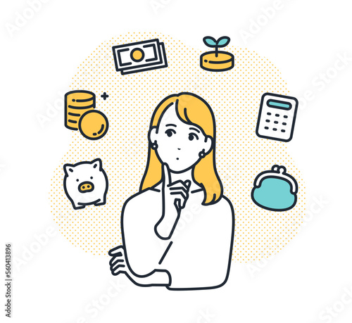 資産形成について考える若い女性のシンプルなベクターイラスト素材