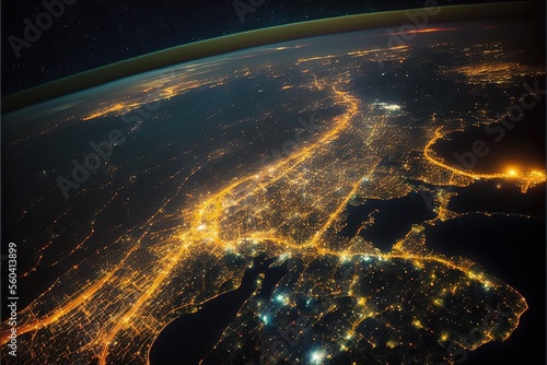 Night illumination of the city, view of the city from space. A snapshot of the earth from space. AI